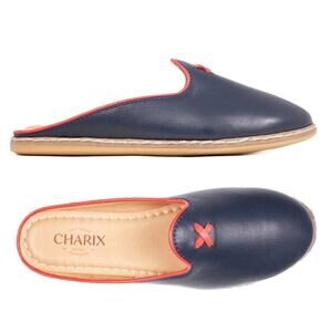 Sold: Chairix Navy Blue Leather Mules Slides Flats Size 39 9-9.5 Red Piping